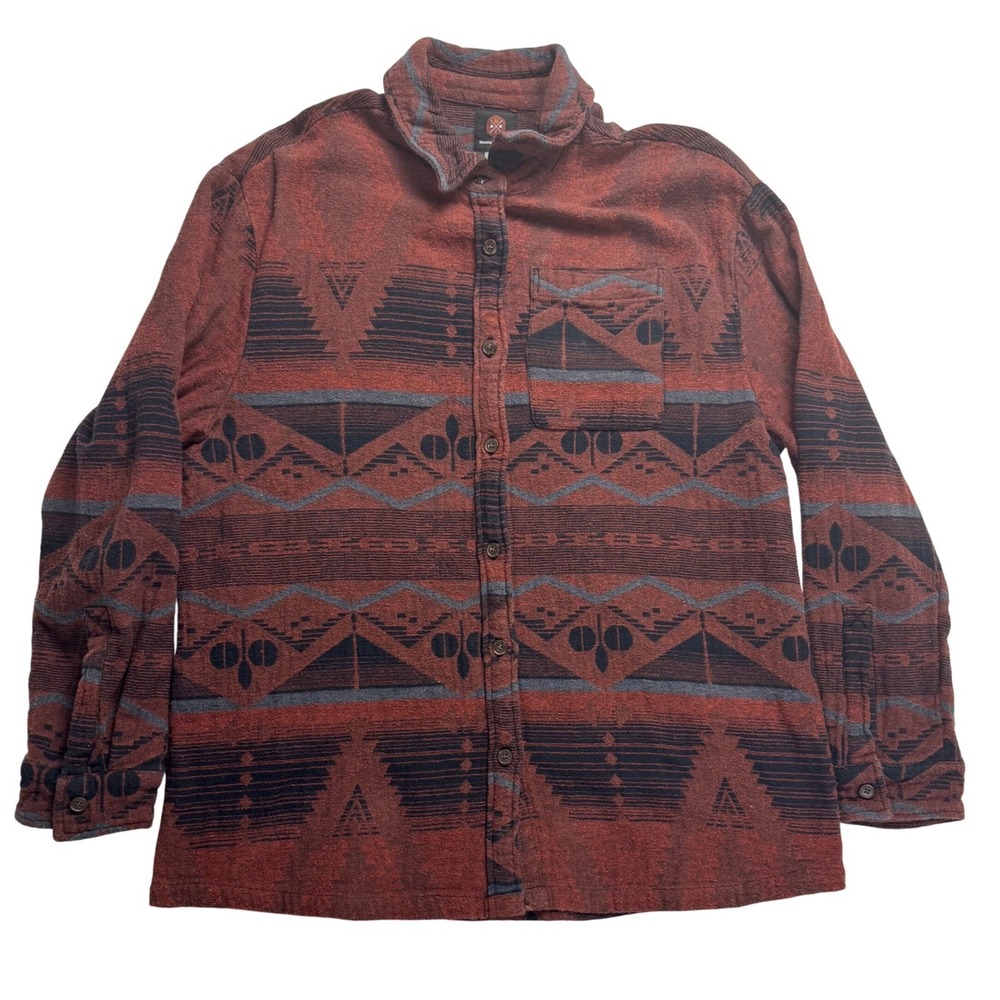 Mountain and Isles Men L Long Sleeve Button Up Flannel Shirt Aztec Geometric Red